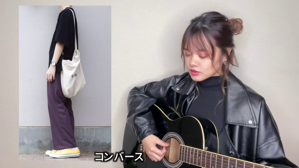 メンズファッションと女性パフォーマーの分割画面