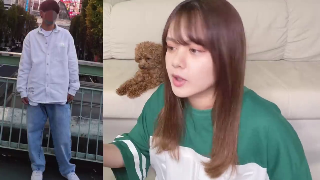 - 男性が白シャツとジーンズを着用したコーデ。女性が解説する様子が分割画面で表示。