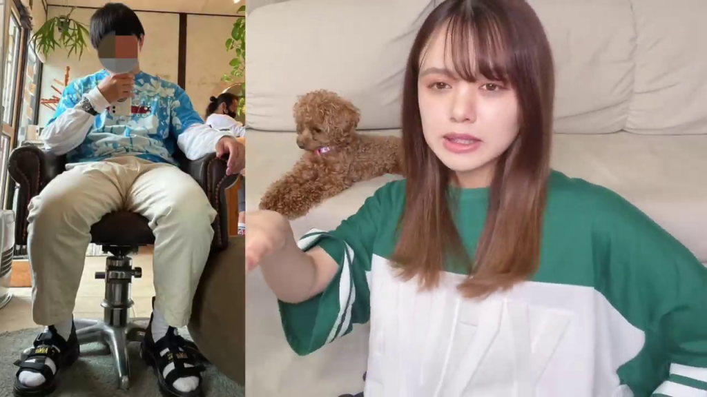- 男性が靴下サンダルを着用したコーデ。女性が解説する様子が分割画面で表示。