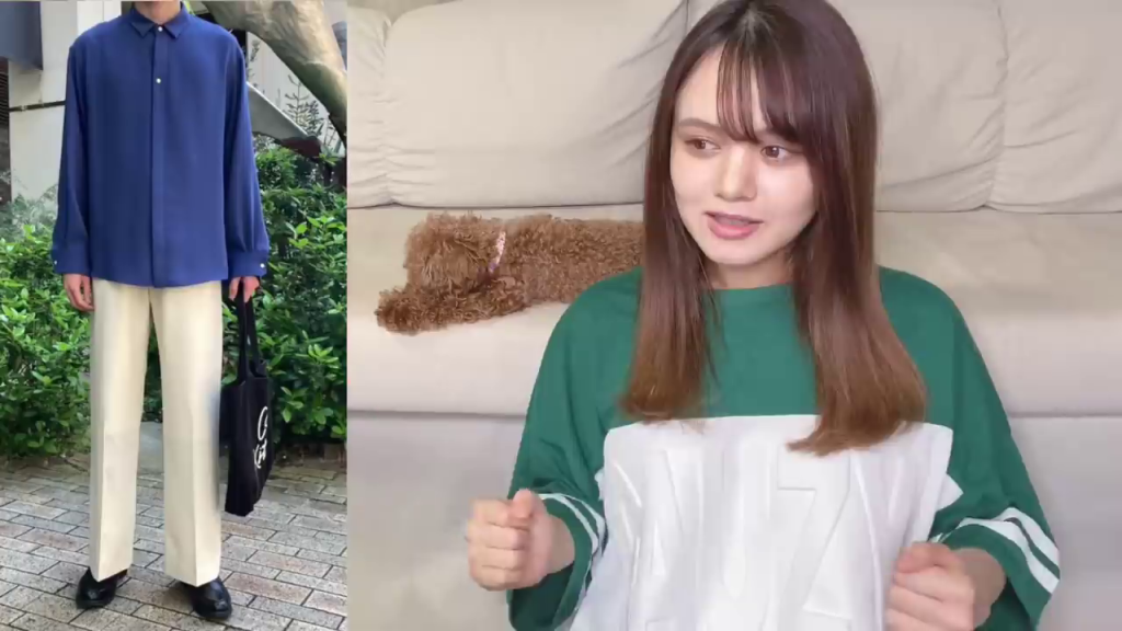 - 男性が清潔感のあるコーデ。女性が解説する様子が分割画面で表示。