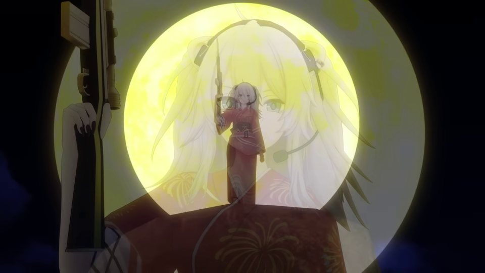 満月を背景にした赤い浴衣のキャラクターと銃のシルエット