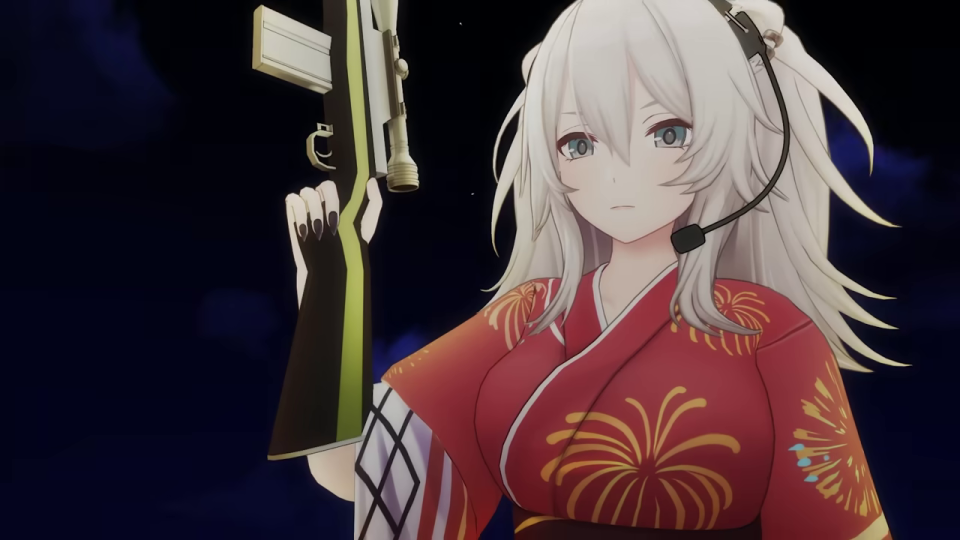 赤い浴衣のキャラクターとライフル銃