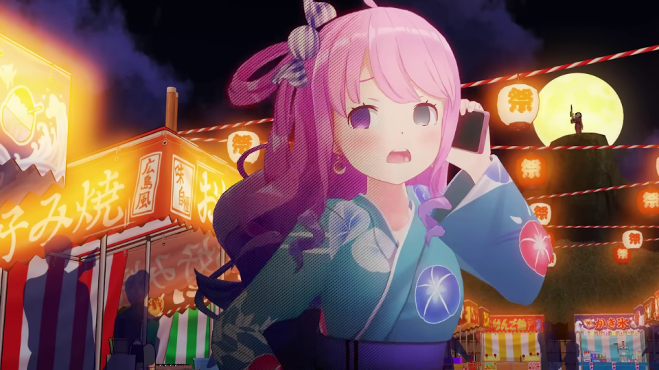電話を耳に当てるピンク髪のキャラクター