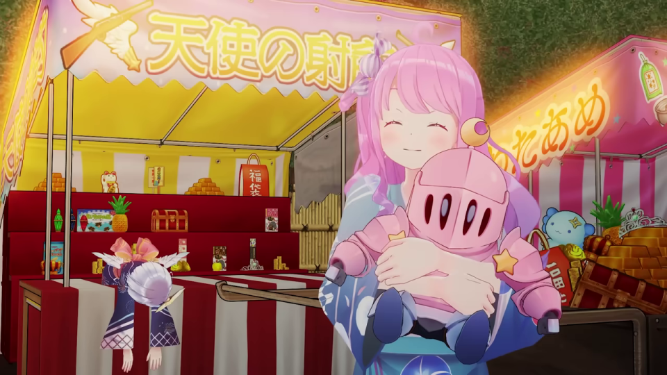 騎士人形を抱きしめるピンク髪のキャラクター