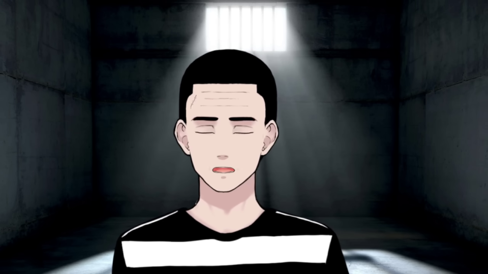 口を閉じ、深い苦悩の表情の男性