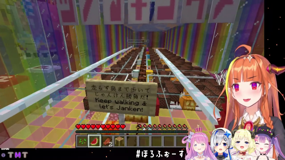 Minecraftの虹色のじゃんけん勝負エリアと、看板の指示