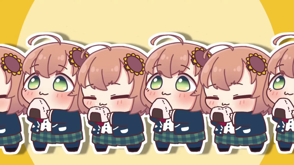 キャラクターがおにぎりを持つ可愛らしいイラスト