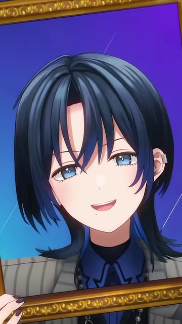 女性キャラクターが額縁に収まりウインクして笑顔