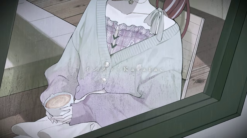 コーヒーを持つ女性の胸元とインスト担当のクレジット