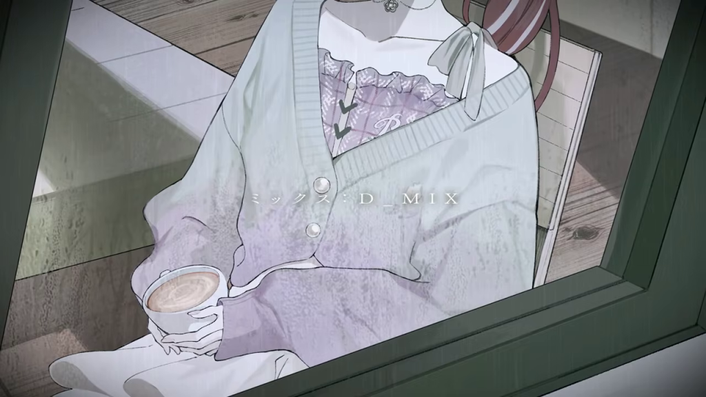 コーヒーを持つ女性の胸元とミックス担当のクレジット