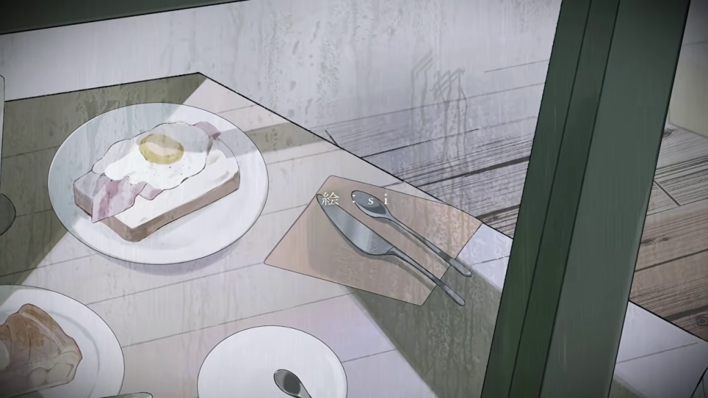 カフェのテーブルに並ぶ食事とイラスト担当のクレジット