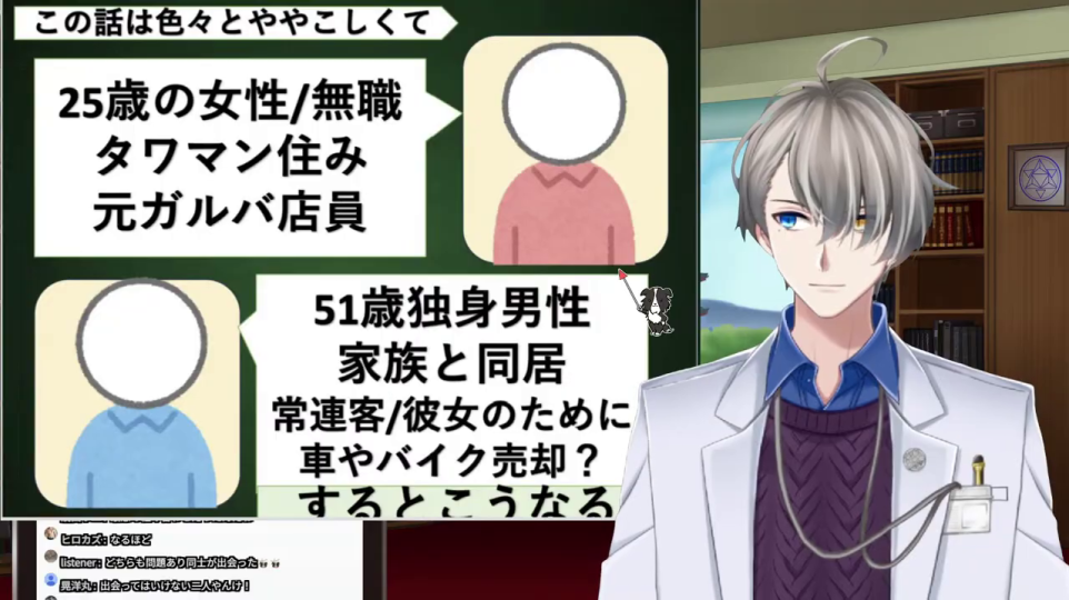 - 加害者と被害者のプロフィールを比較するイラストとテキストが書かれた画面。