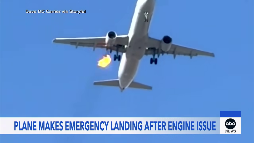 飛行中の旅客機、左エンジンから炎噴出