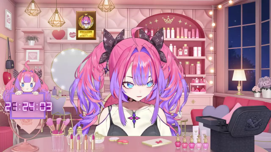VTuberのピンクを基調とした部屋とアバター、化粧品や10万人登録者記念の盾