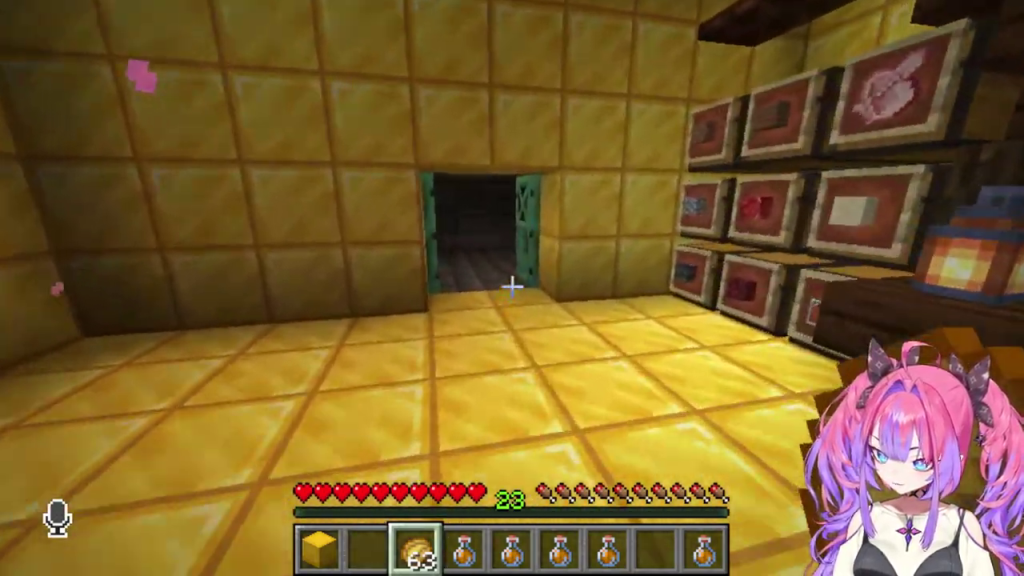 金ブロックでできたマインクラフトの部屋とアイテムフレーム、VTuberのアバター