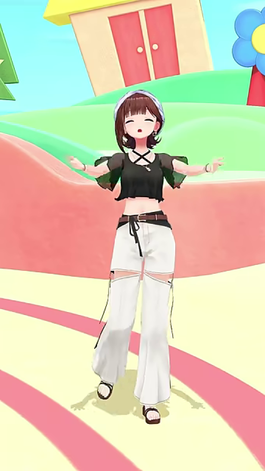 明るい世界で両腕を広げる女性キャラクター