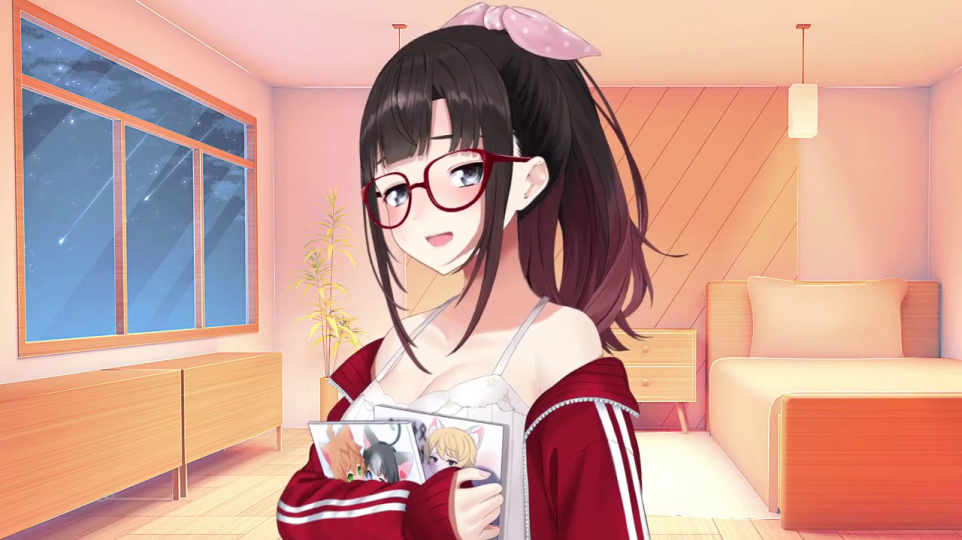 笑顔で本を抱える女性キャラクター