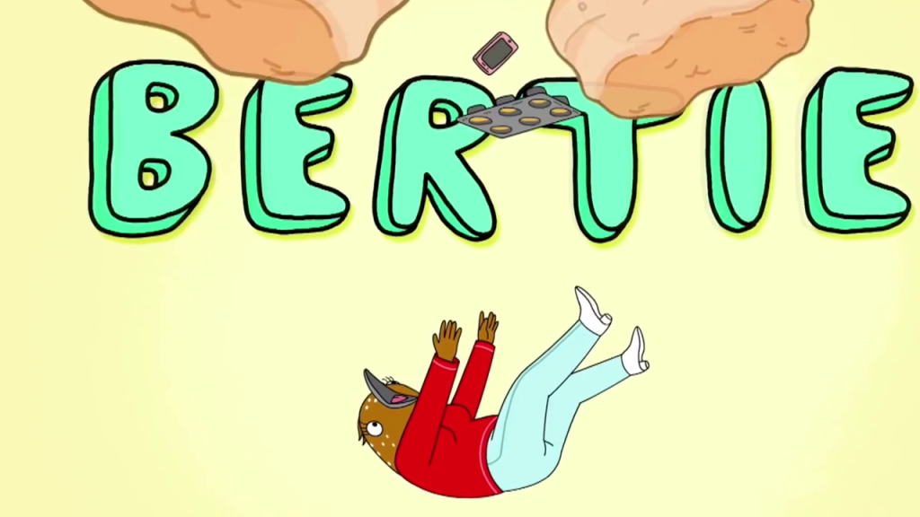 落下する赤いセーターの鳥と、「BERTIE」の文字