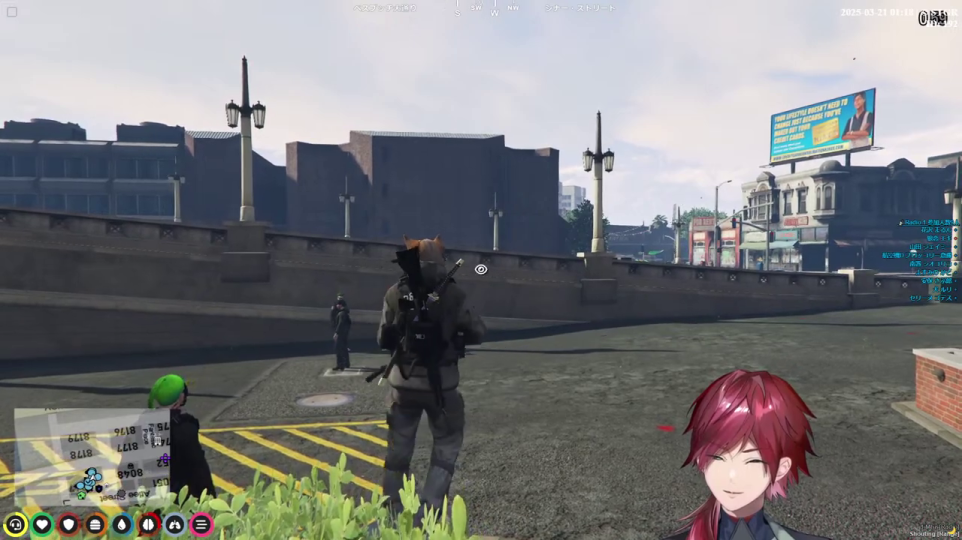 - 路上での銃撃戦らしき場面。プレイヤーキャラクターが銃を構え、複数のキャラクターが交錯する様子は、RPにおける緊迫した戦闘シーンの核心を捉えている。「あと3キルで入る」というメッセージが、プレイヤーの目標意識も示唆する。