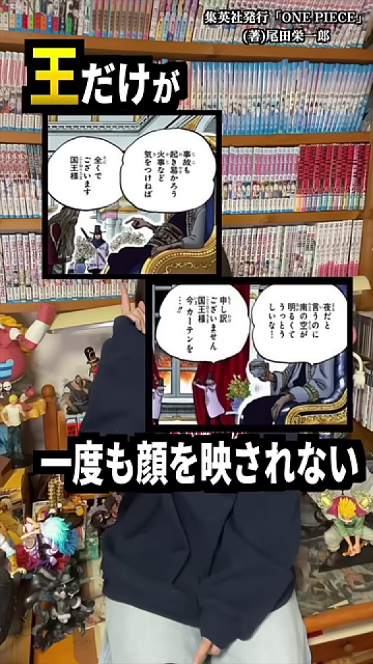 漫画のコマが2つ並び、どちらもカーテンなどで隠れて顔が見えないゴア国王の描写。テロップには「王だけが一度も顔を映されない」と表示され、考察の根幹を視覚的に裏付ける