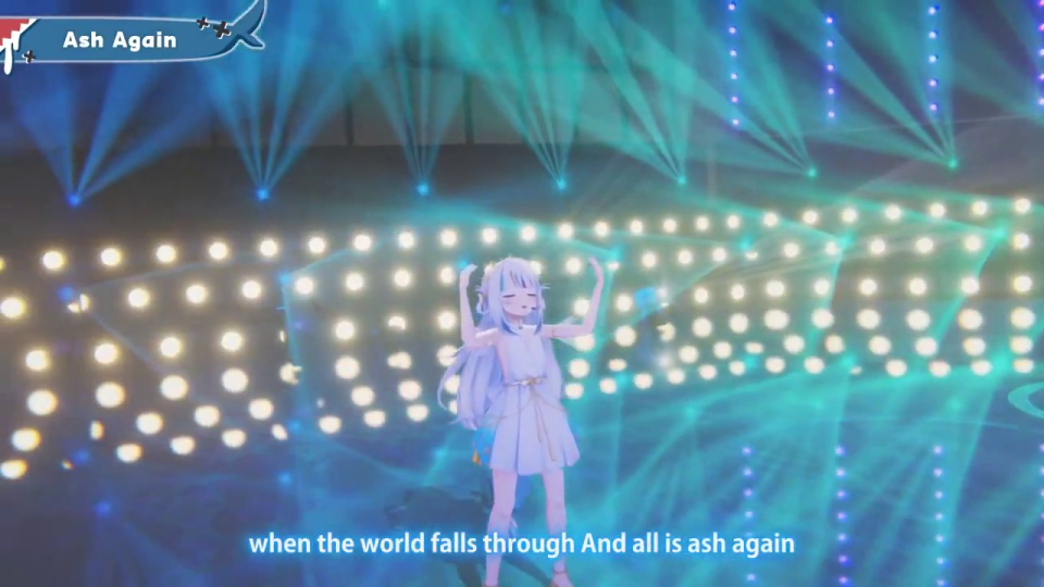 歌詞テロップが続く「Ash Again」をダンスするGawr Gura