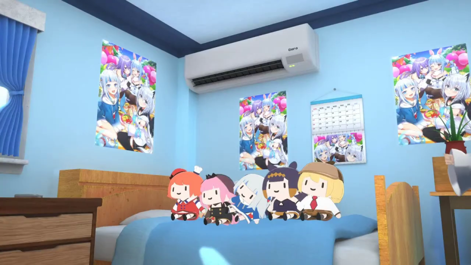 ベッドに並べられたHololive ENメンバーのぬいぐるみ