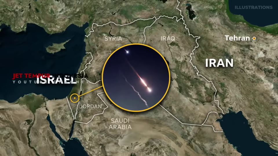 イスラエルからミサイルが発射される様子を示した中東地図