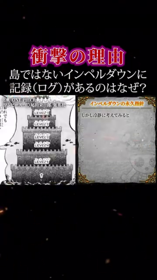 - インペルダウンの構造を示す漫画のコマ。タワー状に階層が分かれた巨大な「建物」であることが視覚的に示されており、これが「島ではない」という動画の重要な前提を裏付けます。
