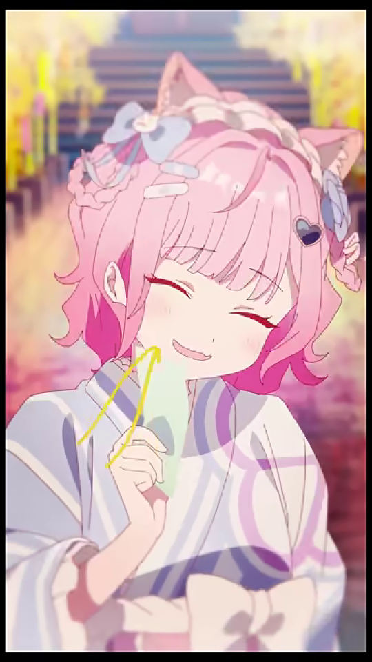 満面の笑顔で目を閉じるキャラクターと短冊