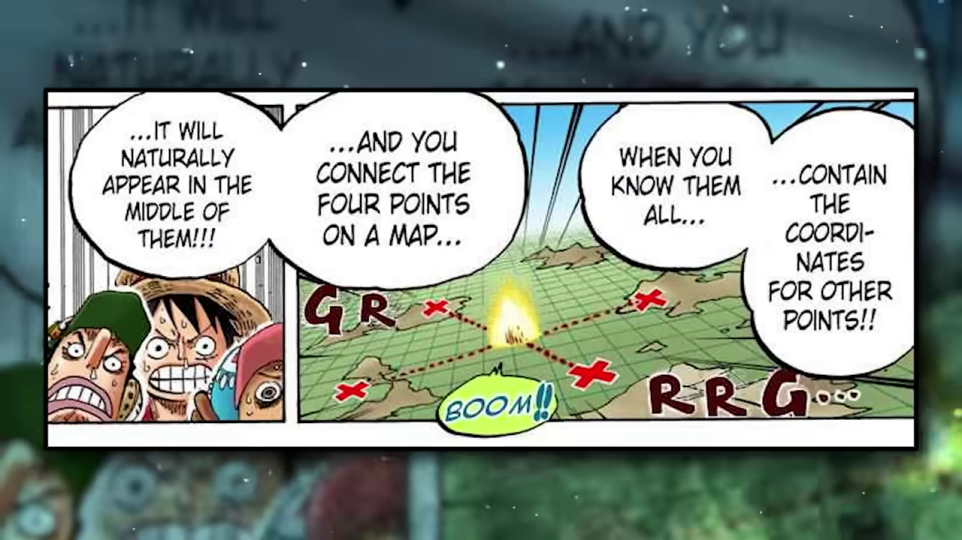 ロードポーネグリフの地図と麦わらの一味の漫画のコマ