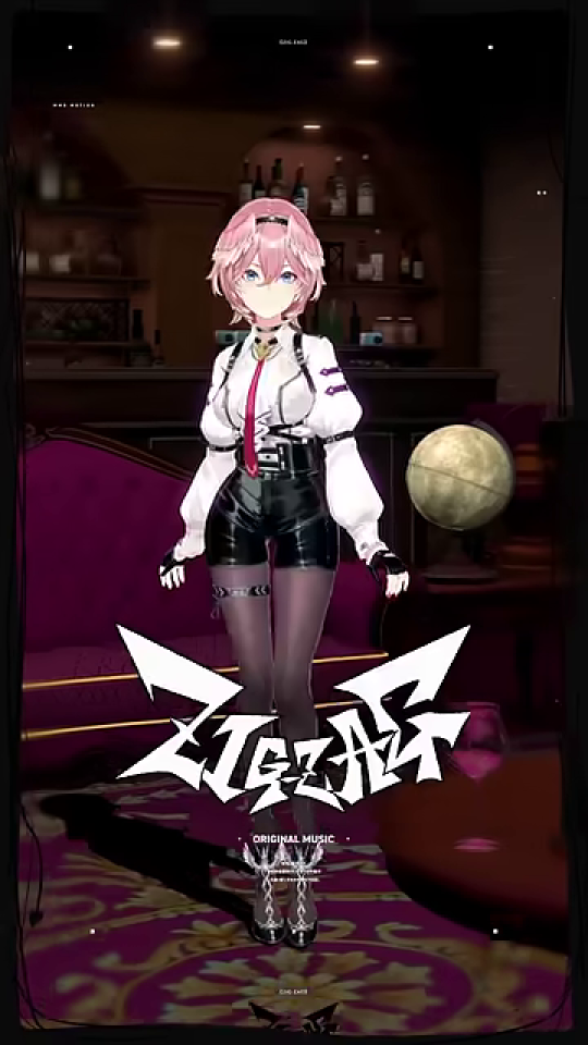 バーに立つピンク髪のVTuberとZIGZAGロゴ