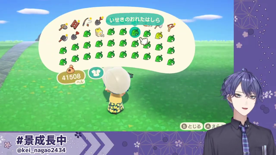 プレイヤーキャラクターがインベントリを開き、「いせきのおれたはしら」を含む多数の素材アイテムを確認している様子