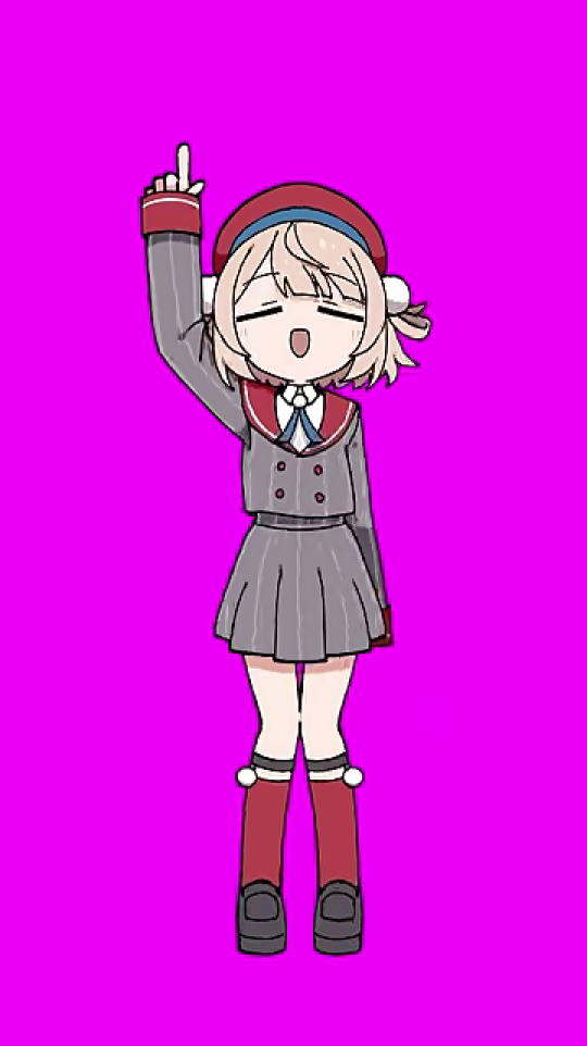 右手を挙げて指を立て、目を閉じたアニメキャラクター