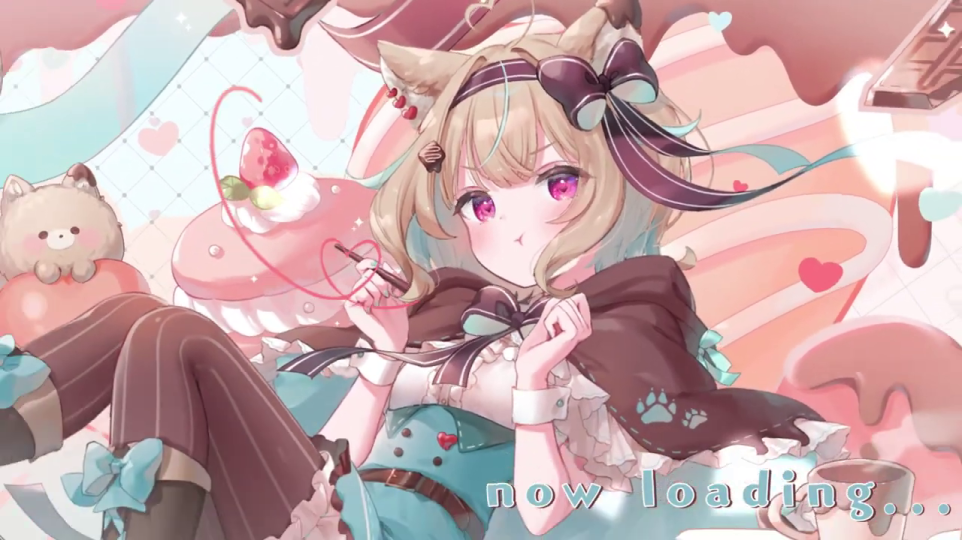 可愛らしいVTuberキャラクターと「now loading...」のオープニング画面