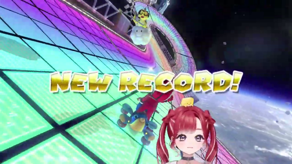 - タイムアタックでの「NEW RECORD!」達成の瞬間