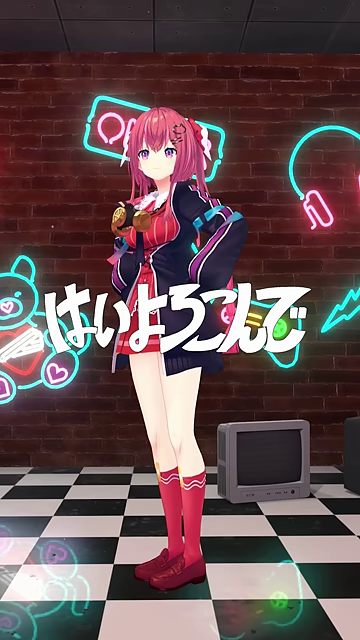 VTuber風キャラクターが「はいよろこんで」の文字と共にネオン輝く空間に佇む初期ポーズ。