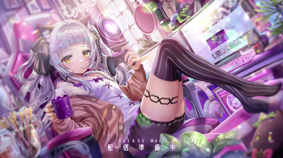 配信開始前の待機画面イラスト。キャラクターがゲームコントローラーとマグカップを持ち、くつろぐ様子。
