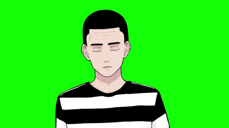 - 目を閉じ、口をわずかに開けた沈痛な表情の男性キャラクター