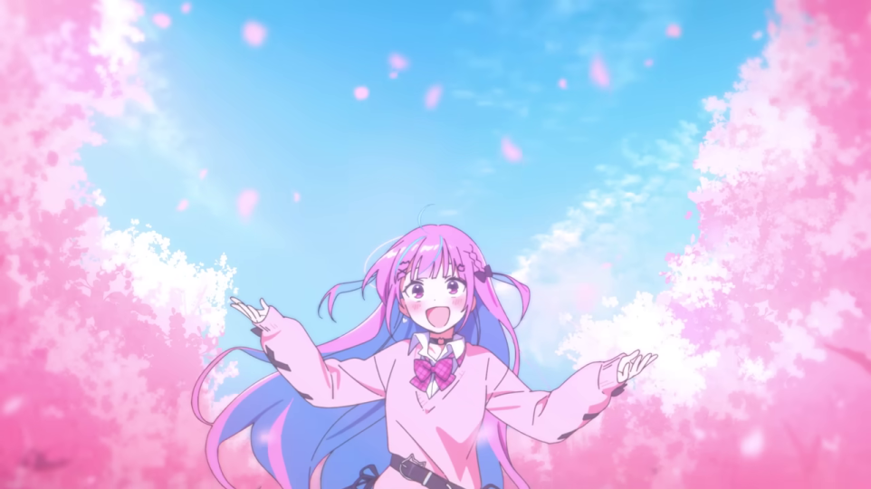 湊あくあの両手を広げた笑顔（桜並木）