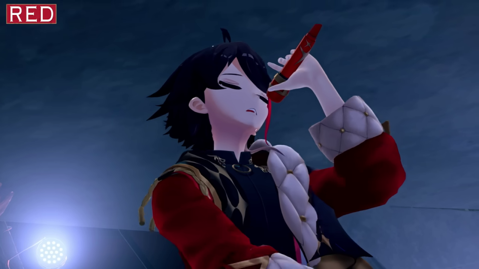 口元から赤い滴を垂らす男性キャラクター