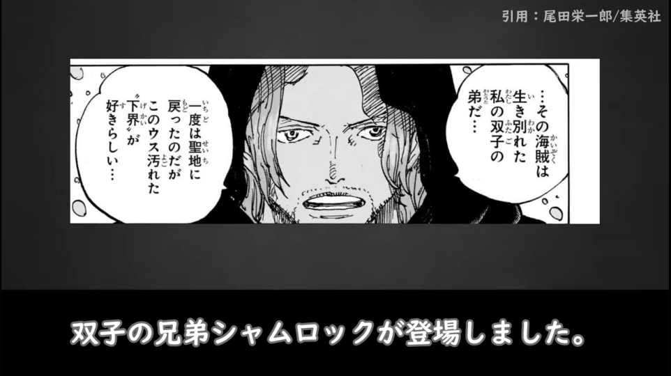 - 「シャンクス2人説」に相当する「双子の兄弟シャムロック」が登場した漫画コマ（仮想）