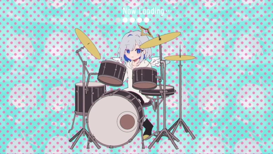 天使の羽を持つキャラクターがドラムを演奏するアニメーション
