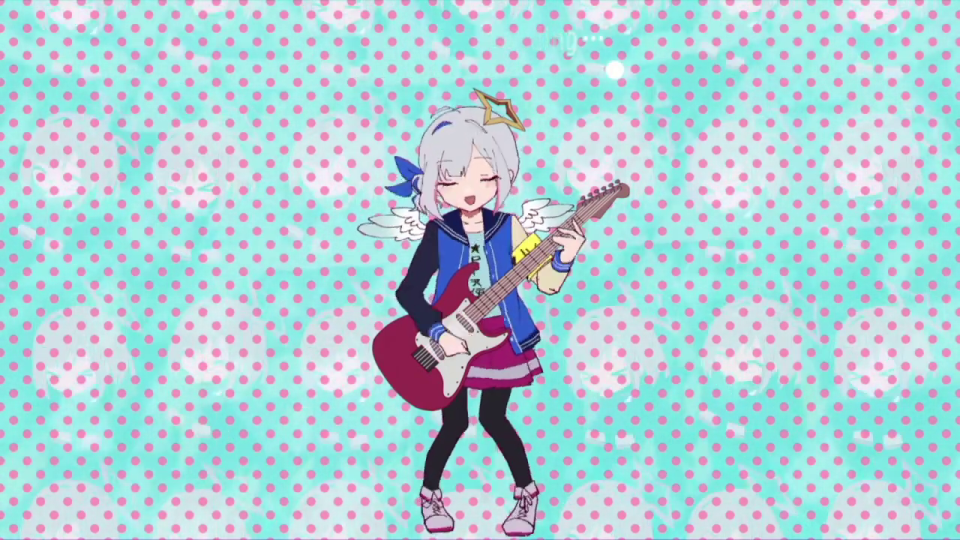 エレキギターを弾く天使の羽を持つキャラクターのアニメーション