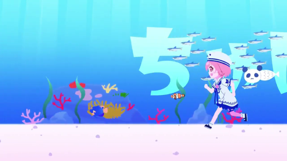 セーラー服のキャラクターと明るい水中の魚たち、「ちか」の文字