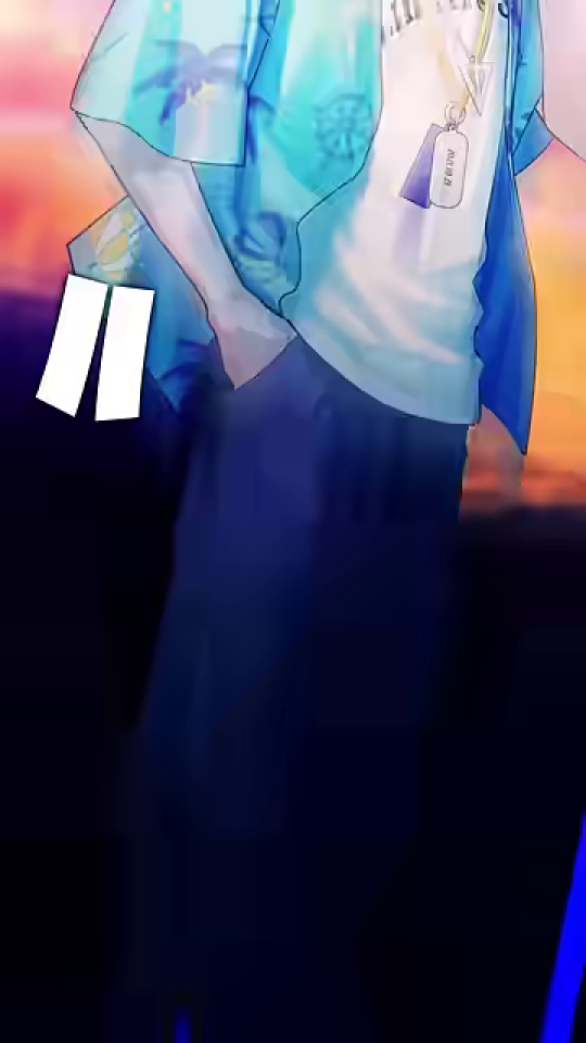 男性キャラクターの全身と夕焼けの背景