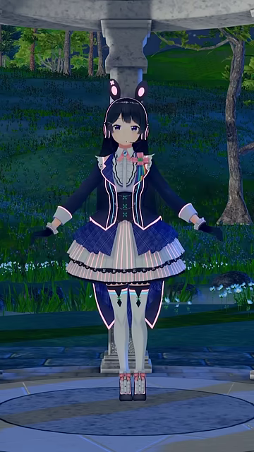 ゴシックロリータ風の衣装をまとったキャラクターが夜の森のような場所で静止している
