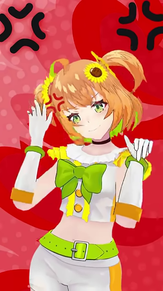 呆れと困惑の表情で手を構えるキャラクター