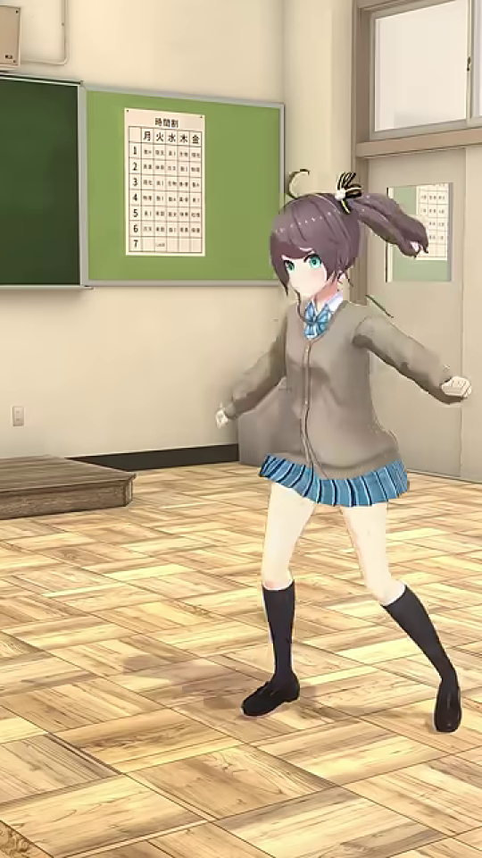 教室でダンスの準備をするアニメキャラクター