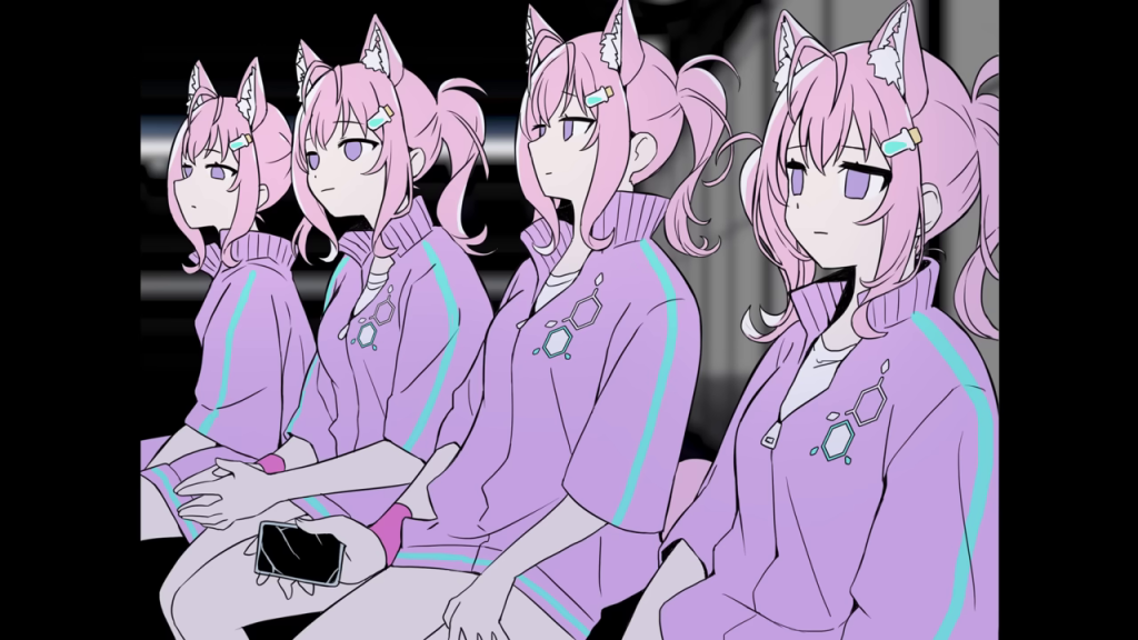 ピンク髪のキャラクター4体が並んで座っている