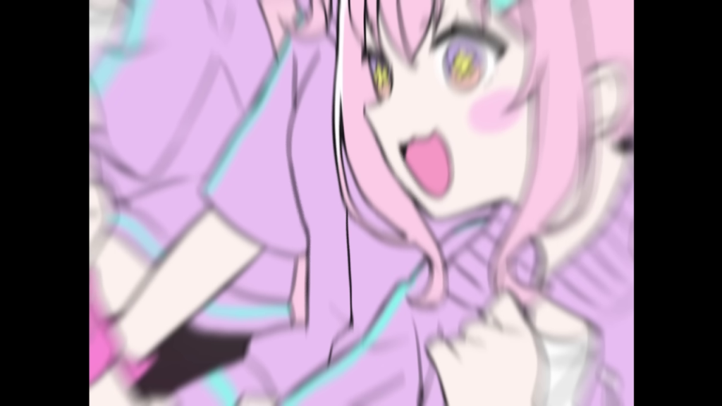 興奮した表情で叫ぶピンク髪のキャラクターの顔